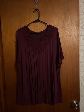 Plus-Size Crochet Yoke Tunic Top - Deep Plum
